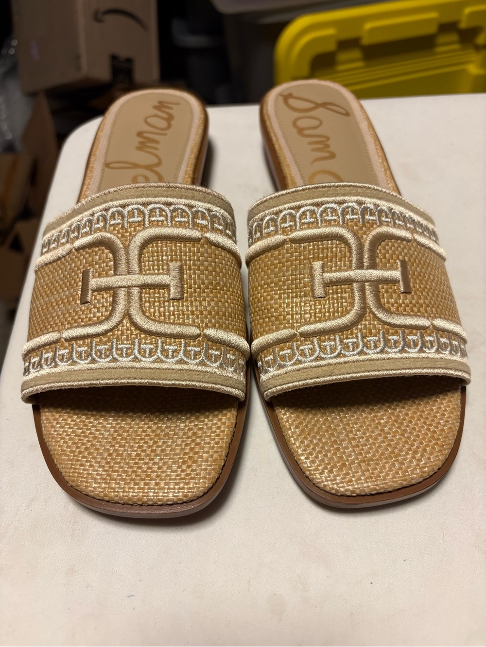 Sam Edelman Woven Tan Slide Sandals with Embroidered Trim
